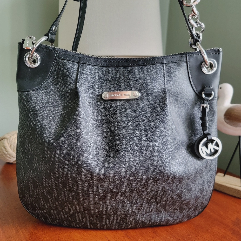 Michael Kors Jet Set Black Signature Logo Hobo Crossbody Bag